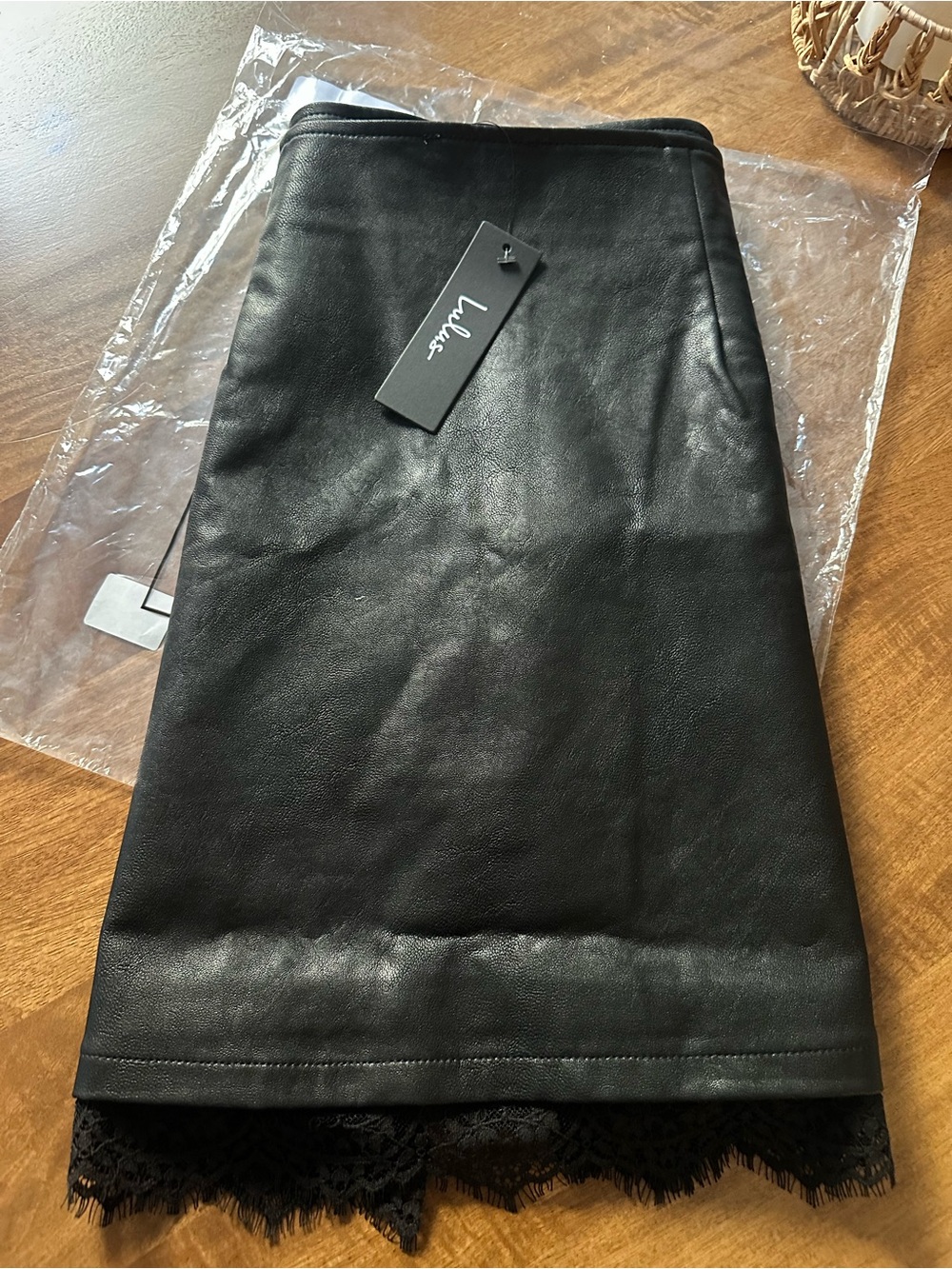 Lulu's Black Faux Leather Pencil Skirt with Lace Trim